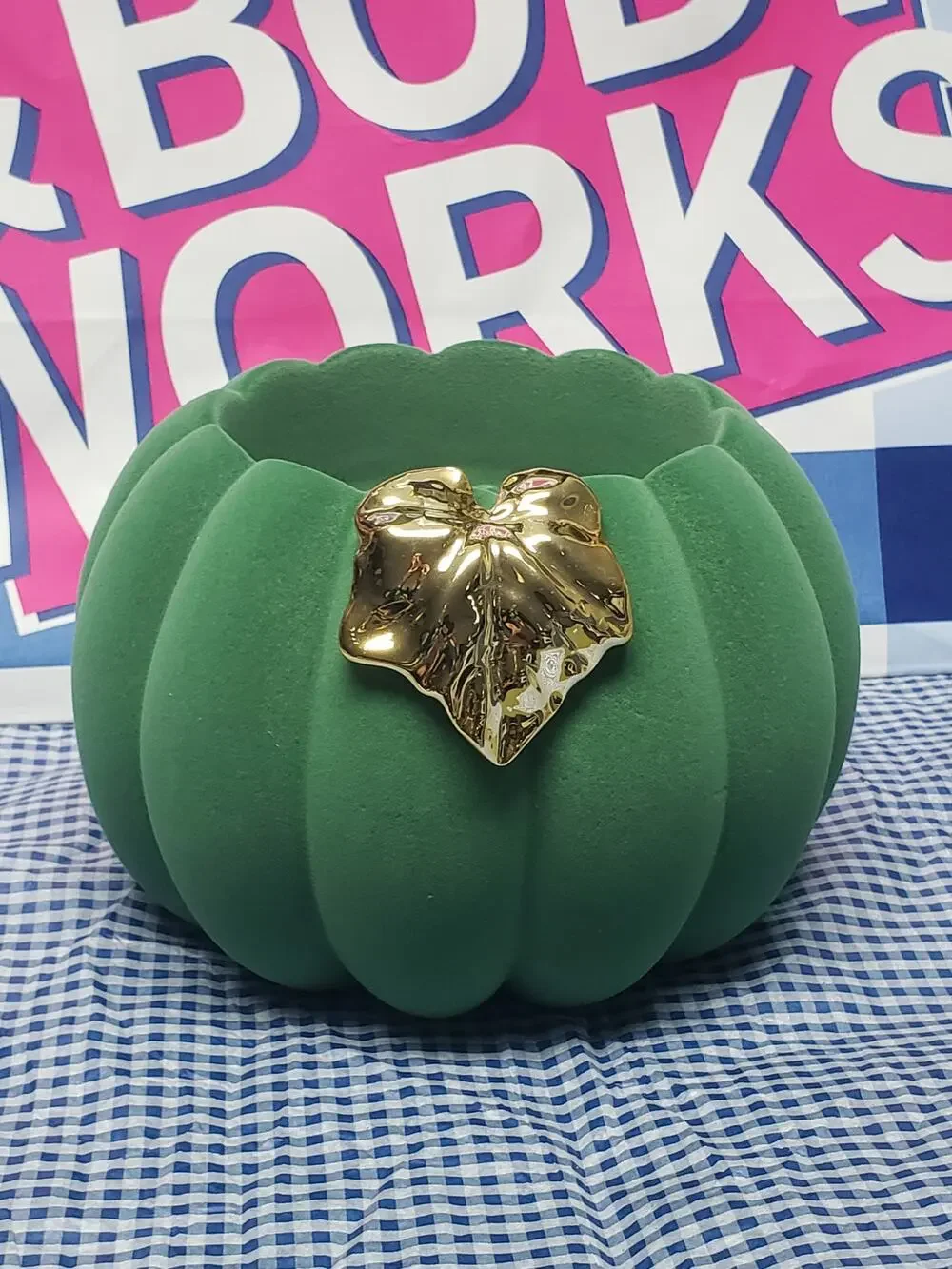 BBW Green Flocked Velvet Pumpkin Large 3 Wick Candle Pedestal Holder